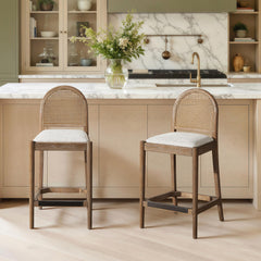 Neptune 26.5" Curved Back Cane Rattan Counter Stool, Set of 2, Two-Tone Neutral Gray Polyester Wool Blend