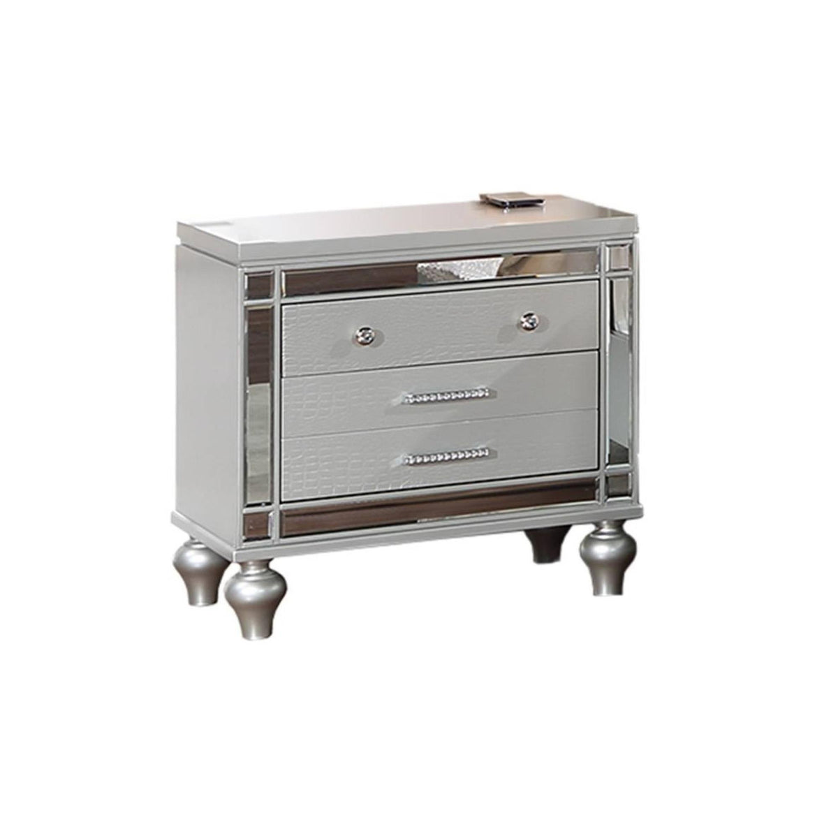 Classic Luxury Look Silver 1pc Nightstand Wooden Bedside Table Drawers w Mirror Glass Panel Bedroom Furniture