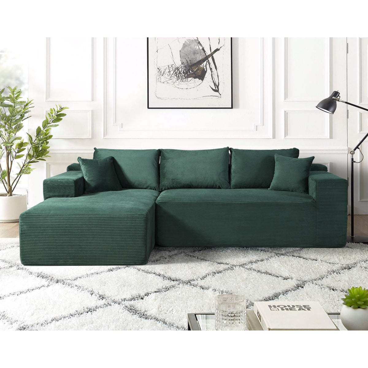 2-Piece Convertible Corduroy L-Shaped Sofa in a Box with Pillows, 3-Seater Modular Sectional Couch, Compressed Living Room Furniture, Dark Green (Left Facing)