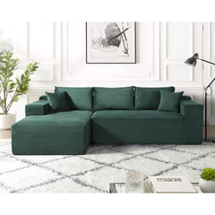 2-Piece Convertible Corduroy L-Shaped Sofa in a Box with Pillows, 3-Seater Modular Sectional Couch, Compressed Living Room Furniture, Dark Green (Left Facing)