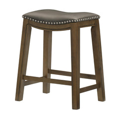Avalon 26 Inch Counter Height Stool, Gray Faux Leather Seat, Brown Solid Wood