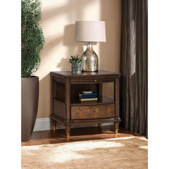 Modern Style 1pc End Table Gold Legs And Round Knobs Pull Out Tray Dark Cherry Finish Primary Living Room