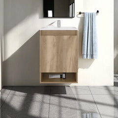 Quasar Floating, Wall-Mounted Vanity Bathroom Vanity With One Door Cabinet And Resin Sink Compact, Natural Oak