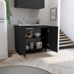 Pulsar 2 Utility Sink with Cabinet, Stainless Steel Countertop, Interior Shelf-Black