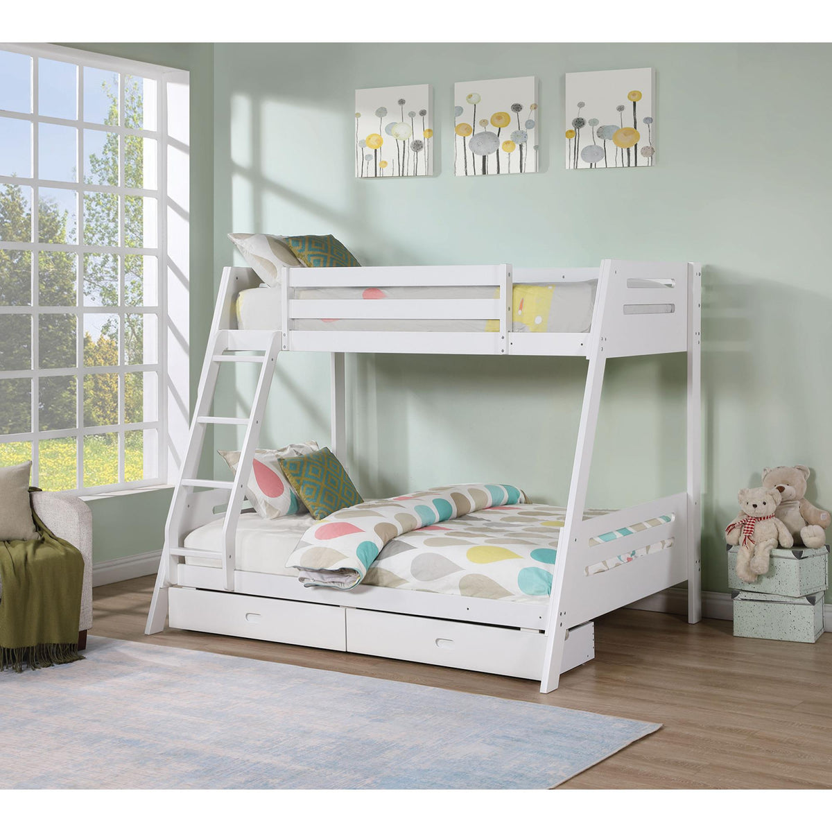 Transitional Bunk Bed White Finishing And Underbed Drawers Angled Ladder