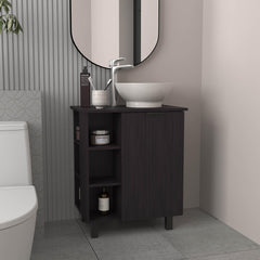 Cosmos Vessel Sink Vanity With One Door Storage And Open Shelves, Freestanding Bathroom Cabinet, Black