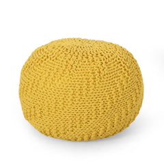Poseidon Knitted Cotton Round Pouf, Yellow