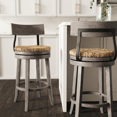 31" Wood Bar-Height Bar Stool with Natural Seagrass Seat, Reclaimed Gray, 1PC