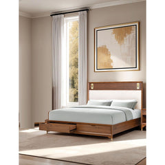Mid-Century Modern 1pc Eastern King Size Bed w Storage Drawers Walnut Solid wood Upholstered HB Reading Light Bedroom Furniture