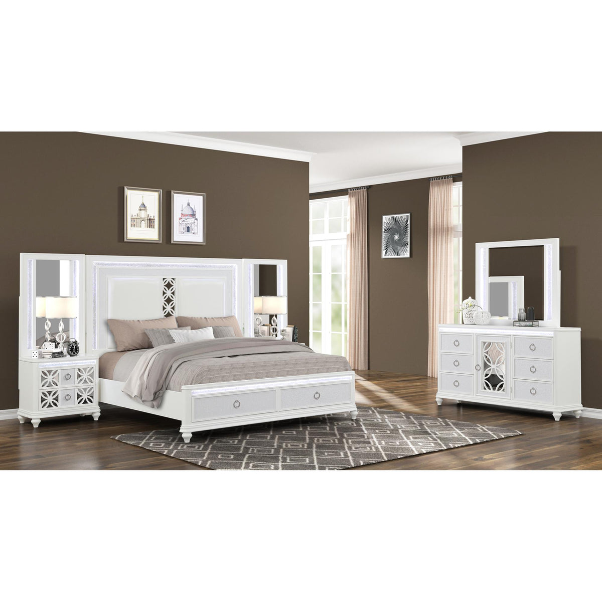 Hades Queen 4Pc Bedroom Set with Mirror Top Nightstand made with wood, Footboard Drawers in White