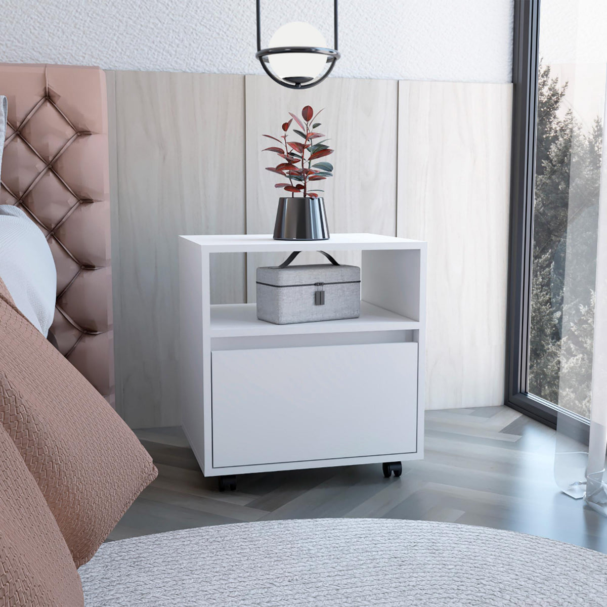 Aria Nightstand , End Table, Side Table Casters, Single Drawer-White