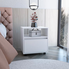Aria Nightstand , End Table, Side Table Casters, Single Drawer-White