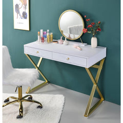 Aura White & Gold Finish Vanity Desk W/Mirror & Jewelry Tray