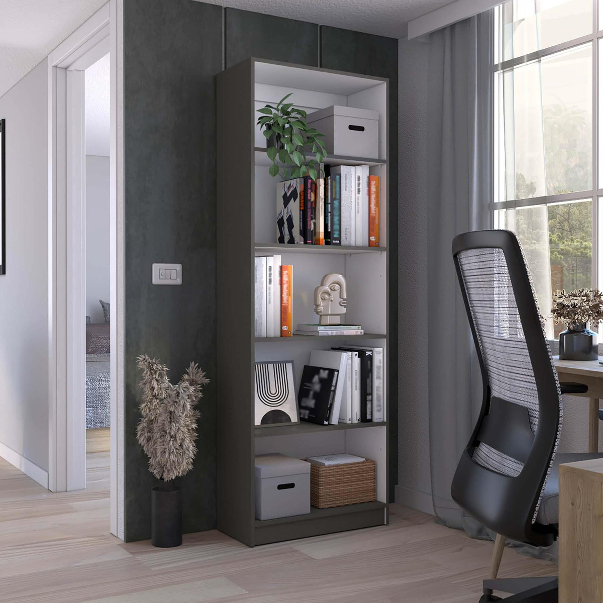 Home 4 Shelves Bookcase with Multi-Tiered Storage -Matt Gray / White -Office