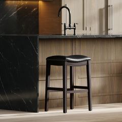 Story H Bar-Height Wood Barstool with Black Faux-Leather Seat, 1PC