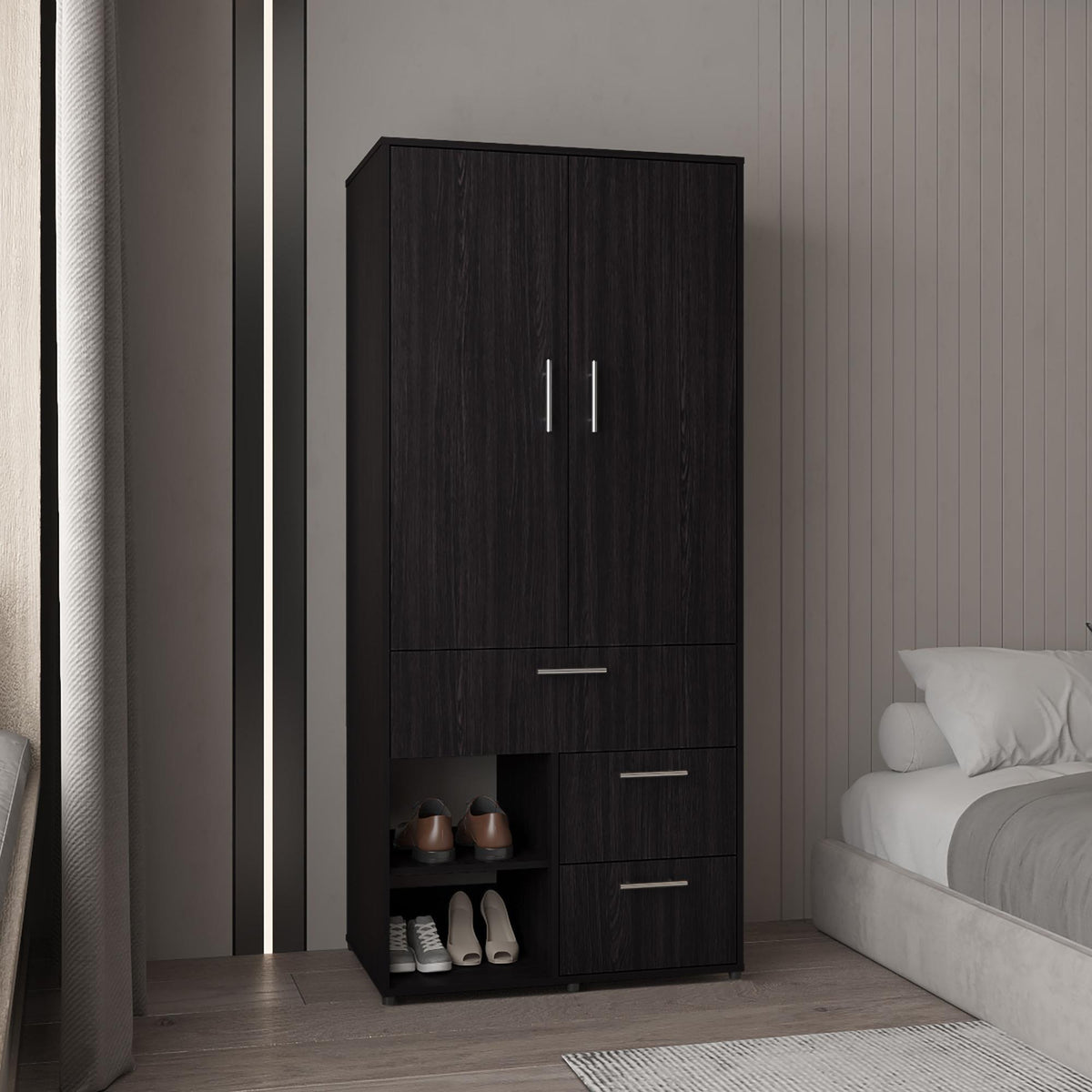 Vista Armoire With Double Doors, Internal Shelves And Hanging Rod, Black