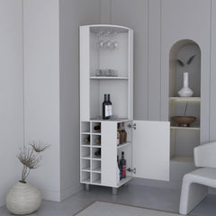 Lyra Corner Bar Cabinet With Four Shelves, Ten Wine Bottle Cubbies And Stemware, White