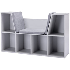6-Cubby Kids Bookcase with Reading Nook and Cushion, Multi-Purpose Storage Organizer for Bedroom, Living Room, Grey