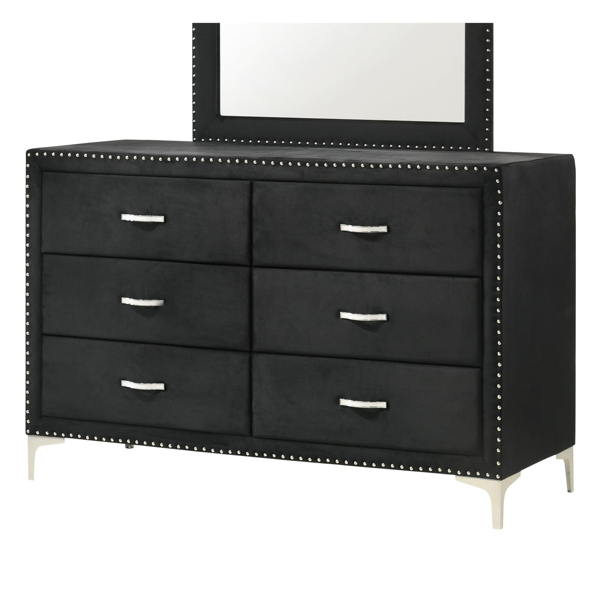 Glam Style 1pc Six Drawers Dresser Fabric Upholstered Tufted Nailhead Tempered Glass Wood Metal Fabric Bedroom Furniture