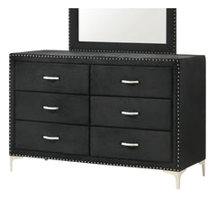 Glam Style 1pc Six Drawers Dresser Fabric Upholstered Tufted Nailhead Tempered Glass Wood Metal Fabric Bedroom Furniture