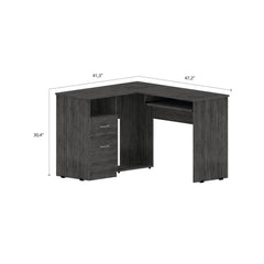 Iphigenia L-Shaped Desk, Keyboard Tray, Two Drawers, Single Open Shelf -Smokey Oak