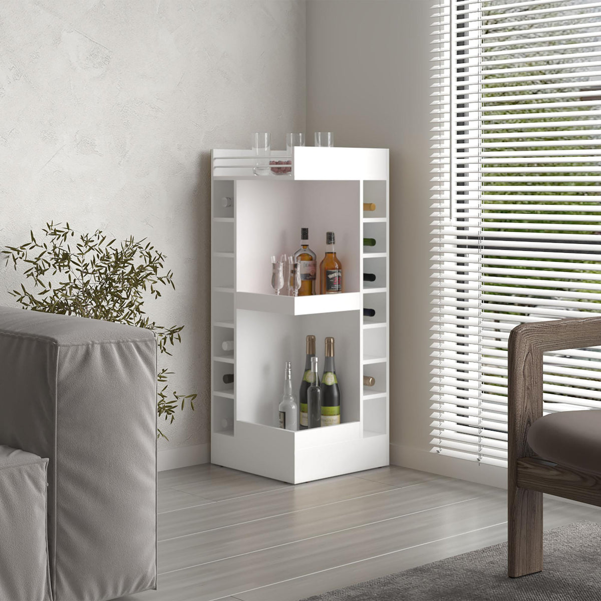 Eternity 46" Tall 3-Tier Corner Bar Cabinet with Fourteen Wine Bottle Cubbies, Living Room, Liquor Cabinet, Storage Cabinet White