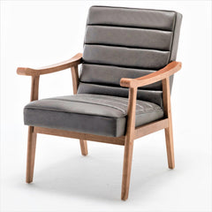 Mid-Century Modern Accent Chair, Solid Wood Frame Leather Look Microfiber Armchair with Open-Framed Arm Design, Plush Padded Seat and Back Cushion for Living Room Bedroom