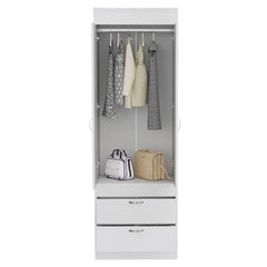 Rhea Armoire, Rod, Double Door, Two Drawers, Metal Handles White