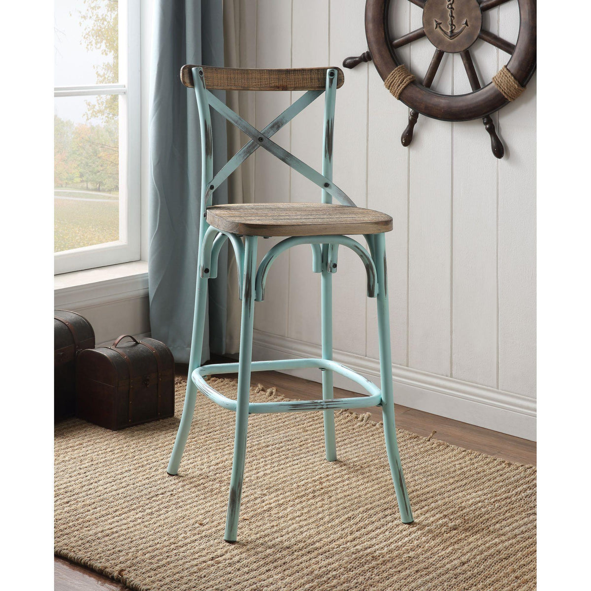Nebula Antique Turquoise & Antique Oak Finish Bar Chair