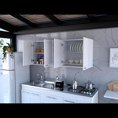Wall Cabinet 24" H, Four Doors, Two Open Storage Shelves, Two Internal Shelves, Internal Dish and Glass Organizer, White