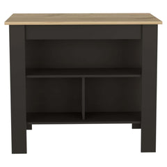 Kitchen Island, kitchen table 35" H, Four Legs, Three Open Storage Shelves, Black / Light Oak