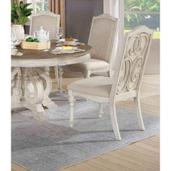 Rustic Style 2pc Side Chair Upholstered Seat Intricate Wood Inlay Detail Antique White Finish Dining Room