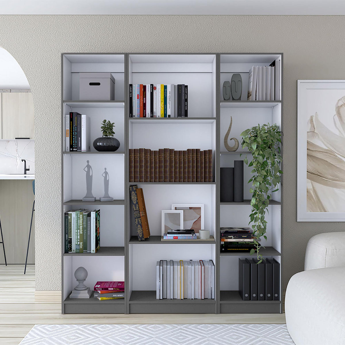Halo 3 Piece Home Bookcase set, 60" Wide with 14 Shelves , Living Room Set Set Matt Gray - White