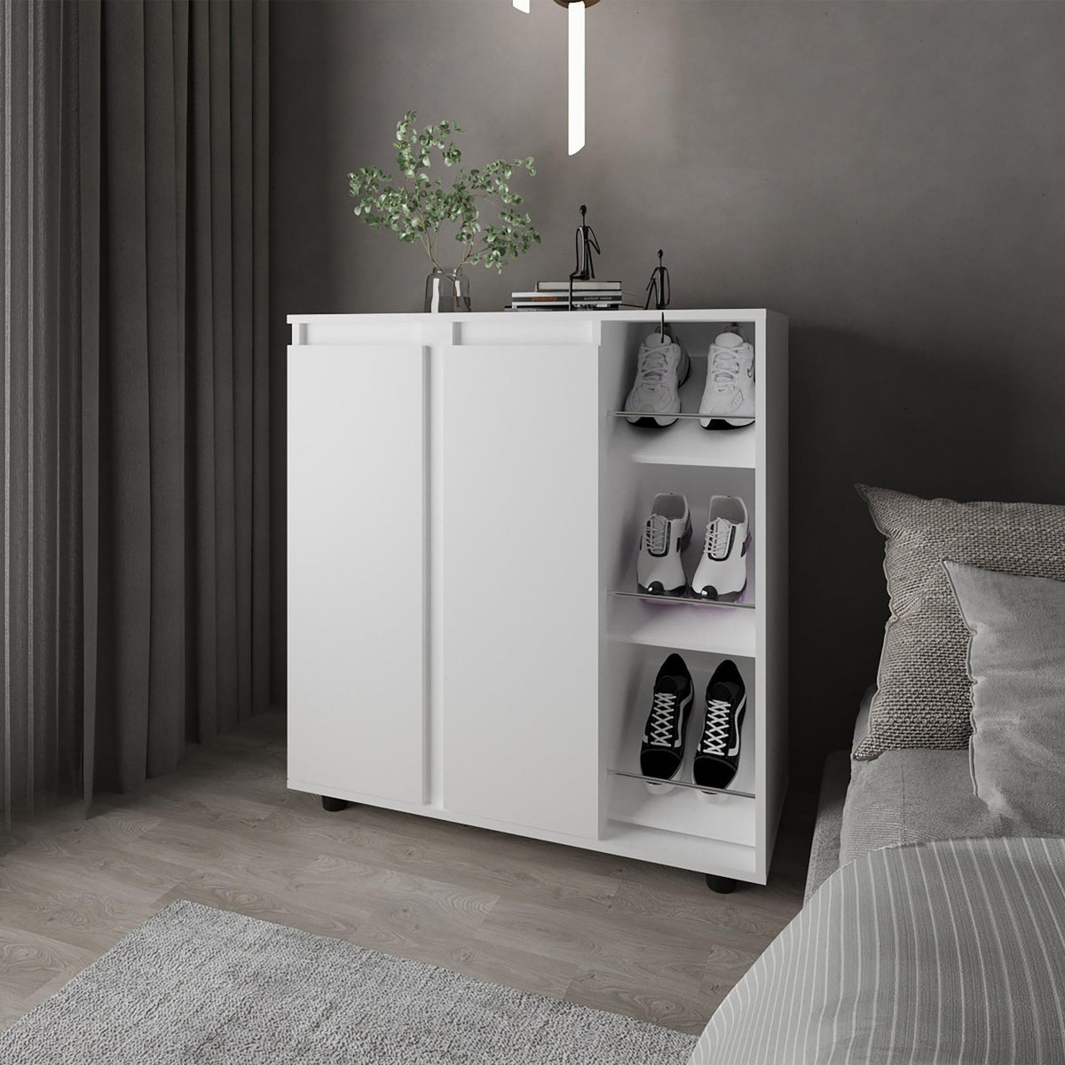 Paris Shoe Rack with 3 Side Tiers, Compact Storage for Shoes, Boots, and Accessories Organizer, White