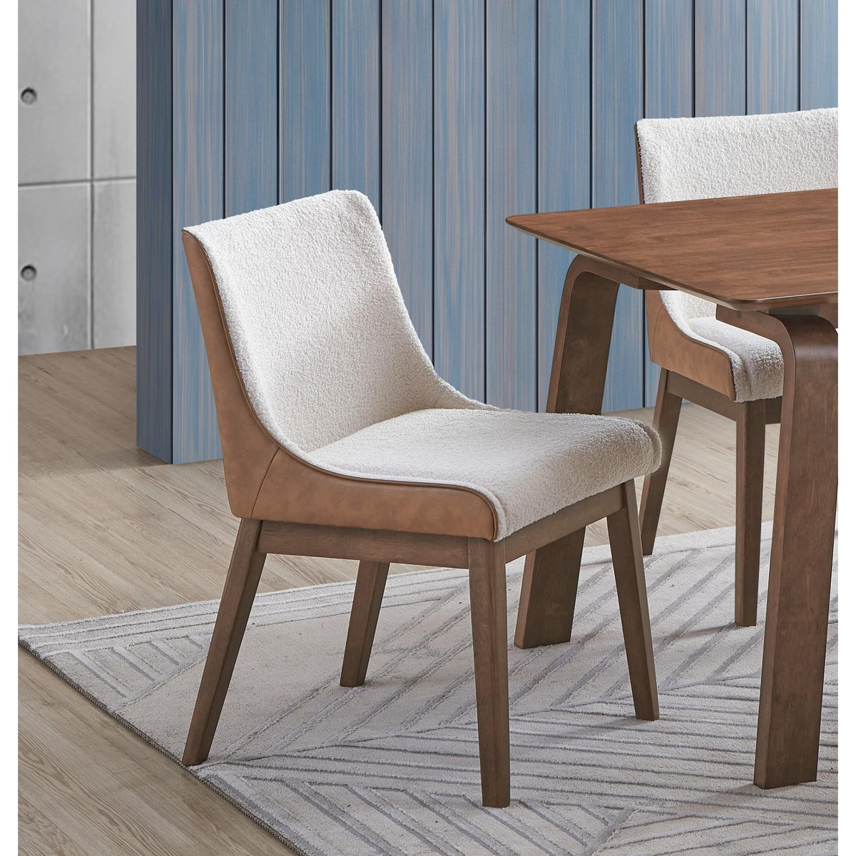 Modern Contemporary Brown and White Boucle Upholstery Dining Chairs Set of 2, Wingback Walnut Finish Retro Style Dining Furniture
