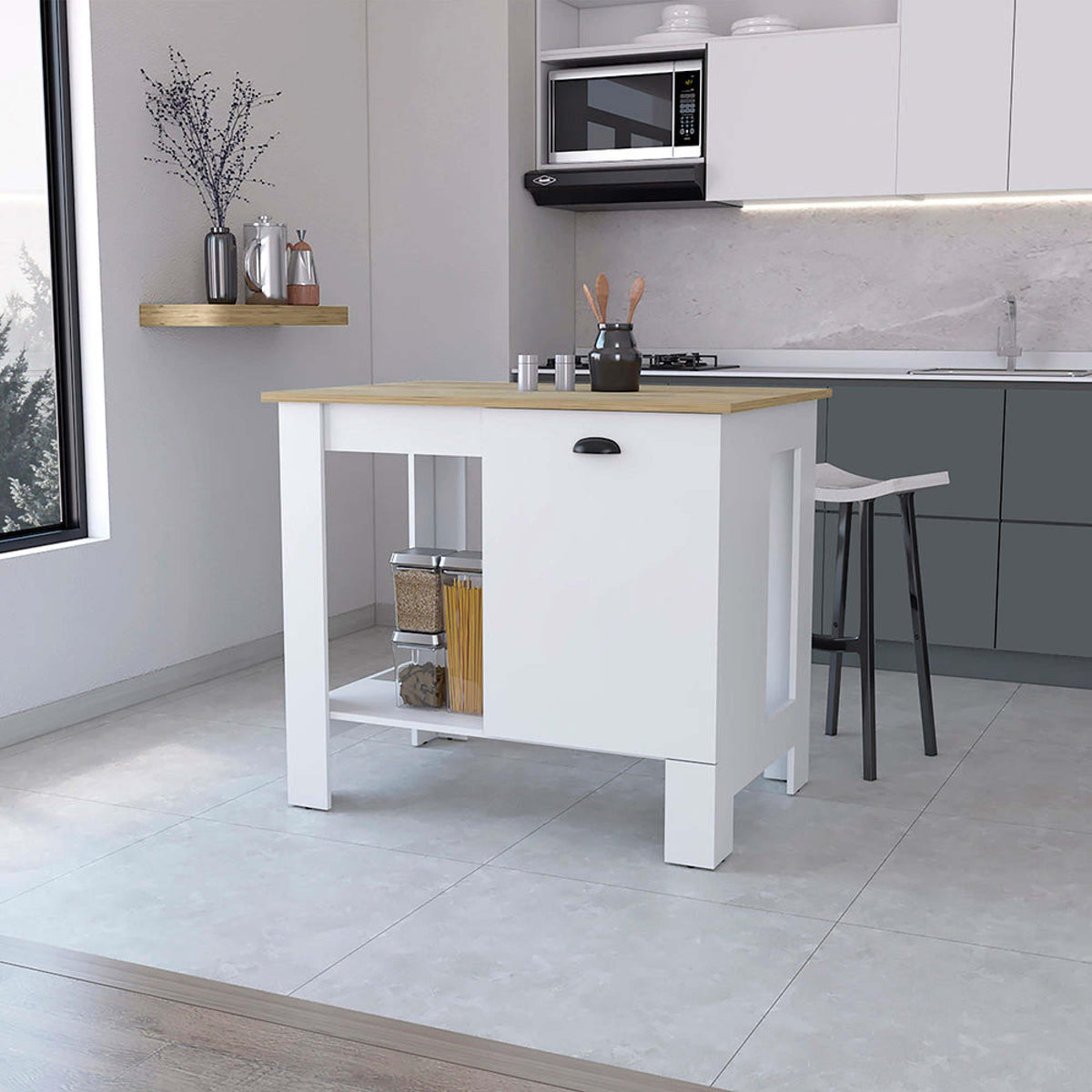 Ode 1-Door Kitchen Island with Open Shelf White and Macadamia