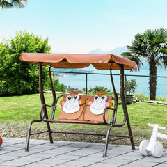 Porch Swing for Kids with Adjustable Canopy to Block Sun at Angles, Kids Swing Chair with Seatbelts, Monkey Pattern, Gift for Kids Ages 3-6, Coffee