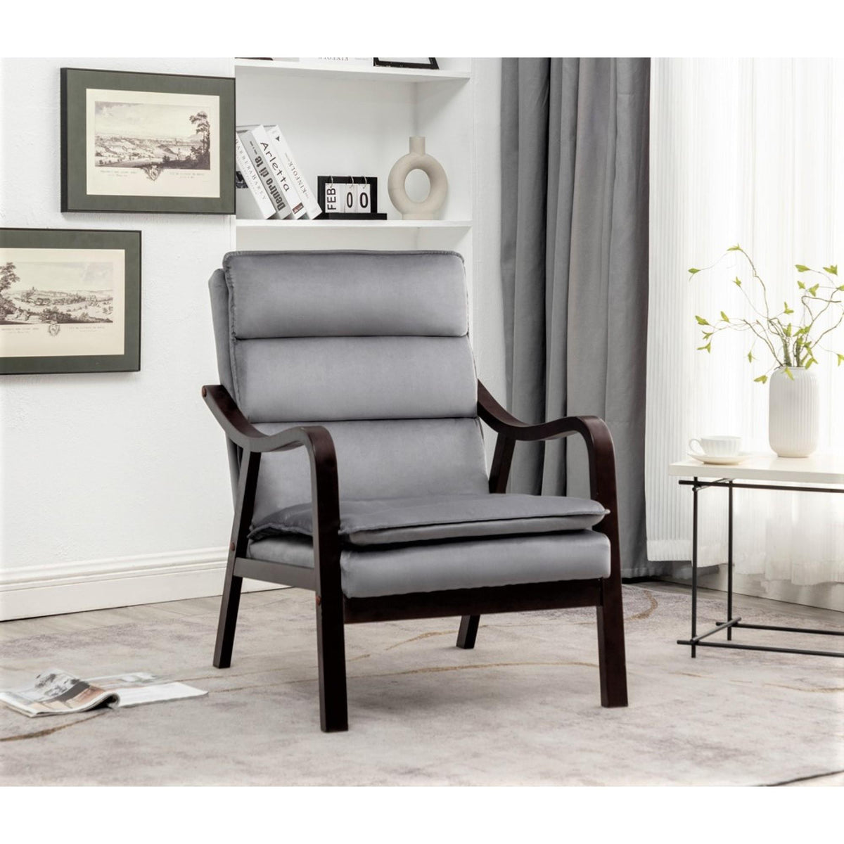 Mid-Century Modern Grey Accent Chair with Wood Armrest, Upholstered Reading Chair for Living Room Bedroom