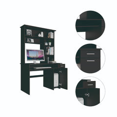 Clytemnestra 180 Hutch Desk, Multiple Shelves, Keyboard Tray, CPU anel, One Drawer -Black
