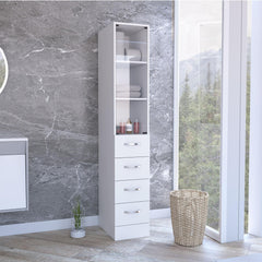 Linen Cabinet 68" H, Three Shelves, Four Drawers and Metal handles, White