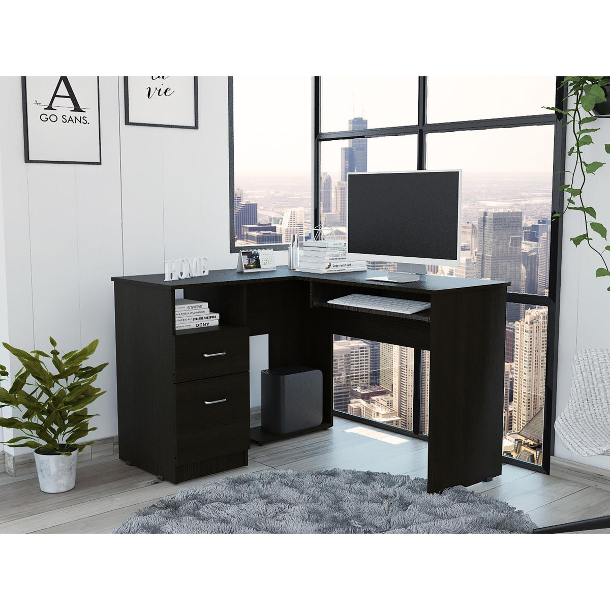 Iphigenia L-Shaped Desk, Keyboard Tray, Two Drawers, Single Open Shelf -Black
