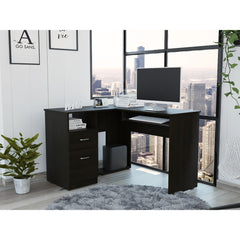 Iphigenia L-Shaped Desk, Keyboard Tray, Two Drawers, Single Open Shelf -Black