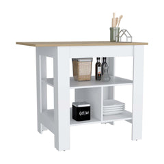 Kitchen Island, kitchen table 35" H, 3 Open Shelves, White/Macadamia