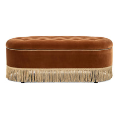 Avalon 48.5" Oval Tufted Bullion Fringe Storage Bench, Burnt Orange Performance Velvet