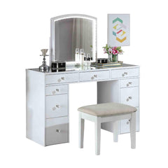 Contemporary Style 1pc Vanity Set 3mm Mirror LED Lights Storage Drawers Wooden Glides White Finish Stool Included Bedroom Furniture