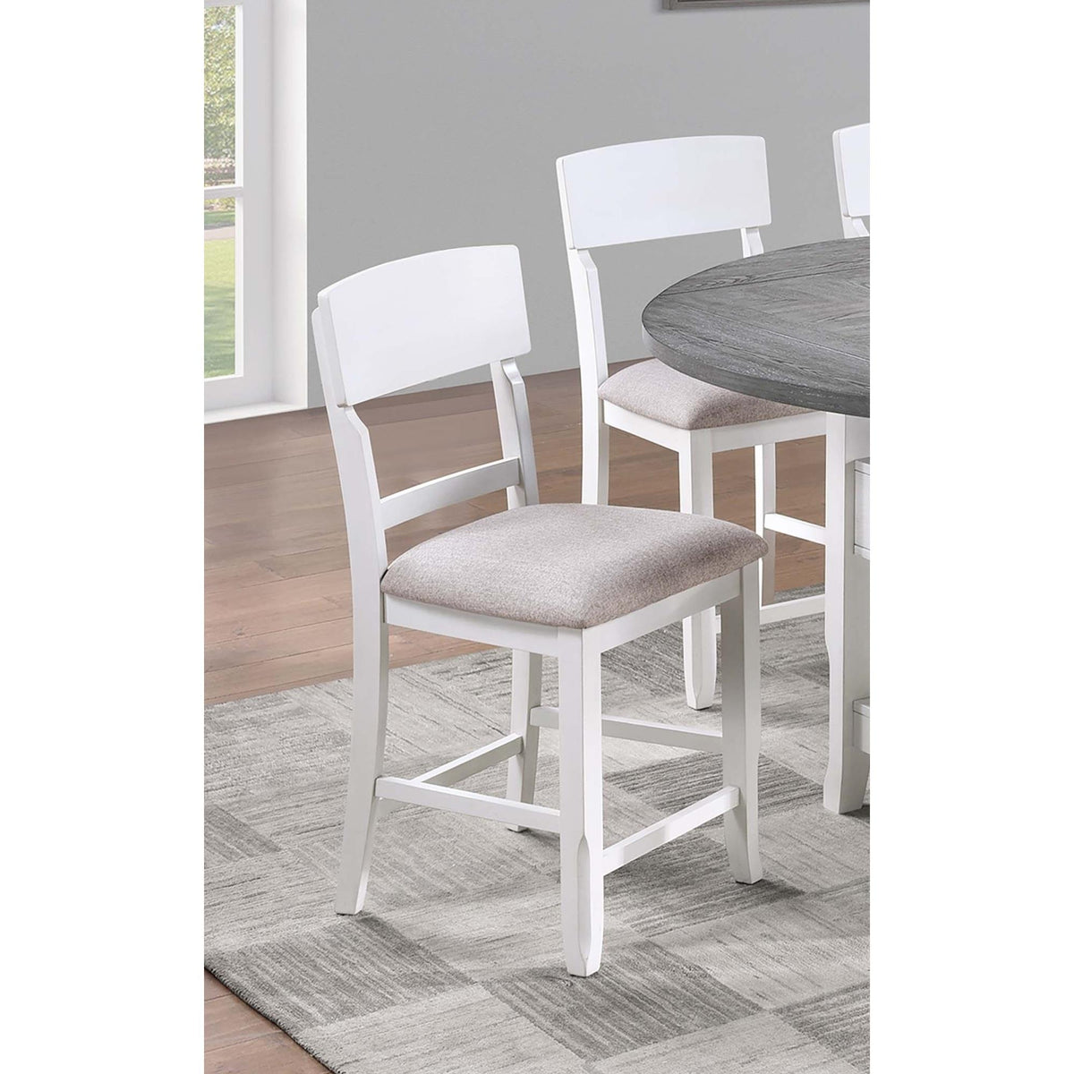 Antique White Color High Chairs Modern Ladder Back design Set of 2pc Counter HT. Dining Chairs Fabric Cushion Seat Wooden Dining Room