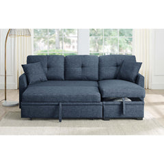 76.5" Linen Blend Upholstered Sectional with Pull-Out Bed and Chaise Storage