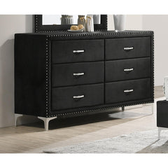Glam Style 1pc Six Drawers Dresser Fabric Upholstered Tufted Nailhead Tempered Glass Wood Metal Fabric Bedroom Furniture