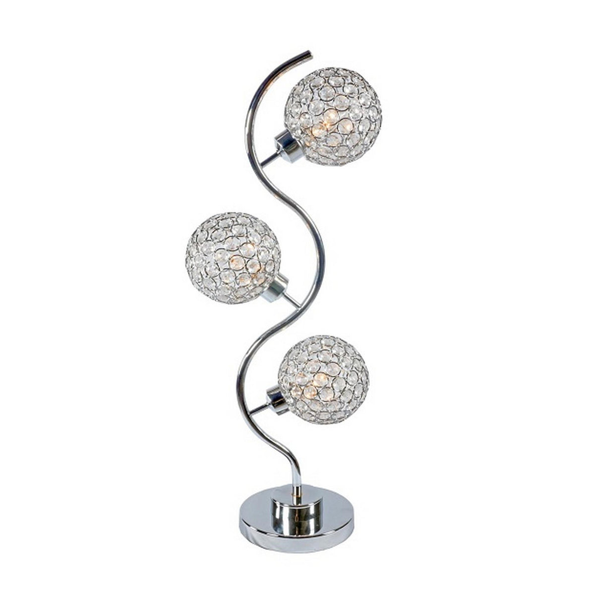 Haven 32 Inch Table Lamp, Metal Frame, Round Base Glass, Crystals, Silver