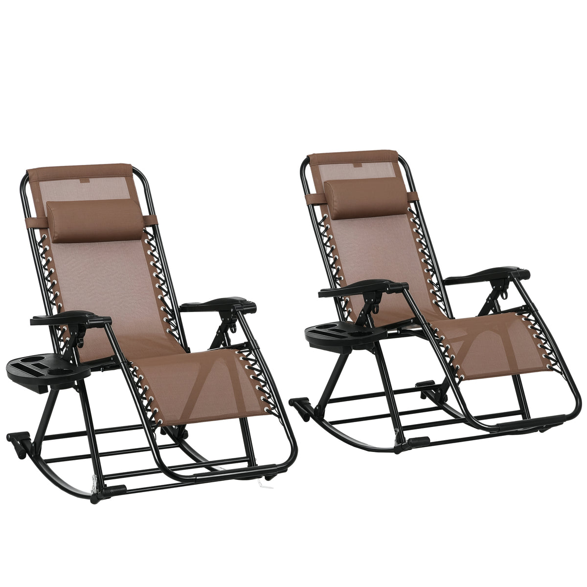 2 Outdoor Rocking Chairs Foldable Reclining Zero Gravity Lounge Rockers w/ Pillow Cup & Phone Holder, Brown